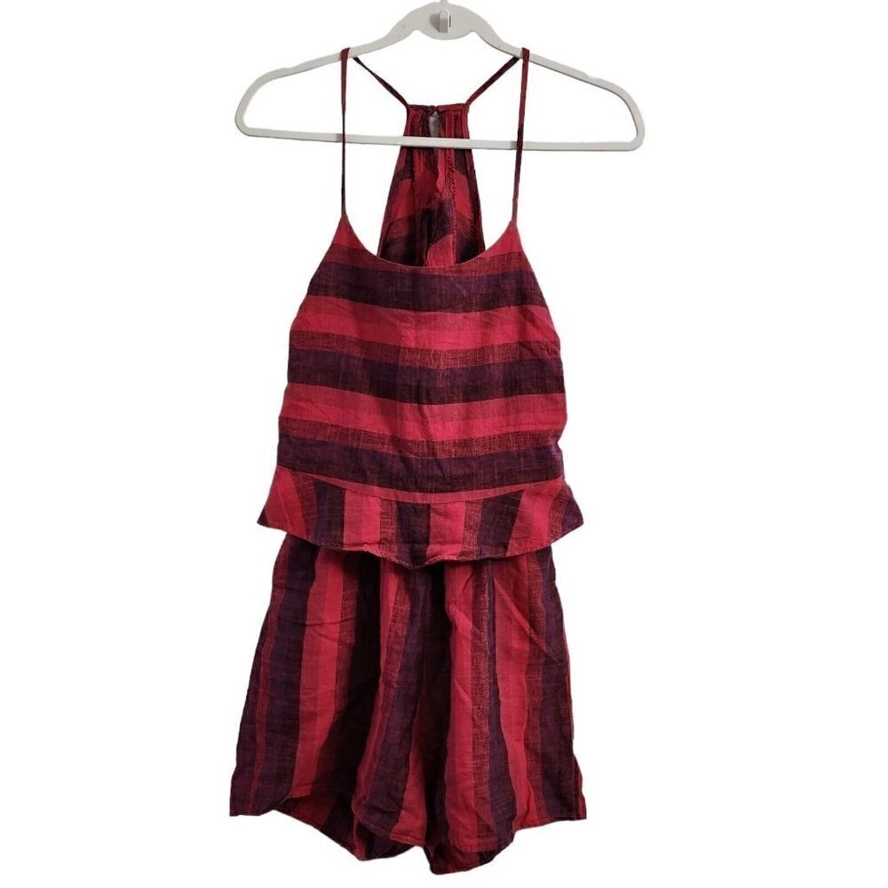 Anthropologie Amadi Melia Romper XS Pink Linen Ruffle‎ Striped Boho Summer